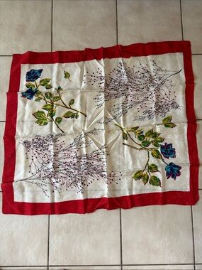 Vintage Floral Silk-Style Square Scarf - Red Border, Cream & Mixed Floral Center